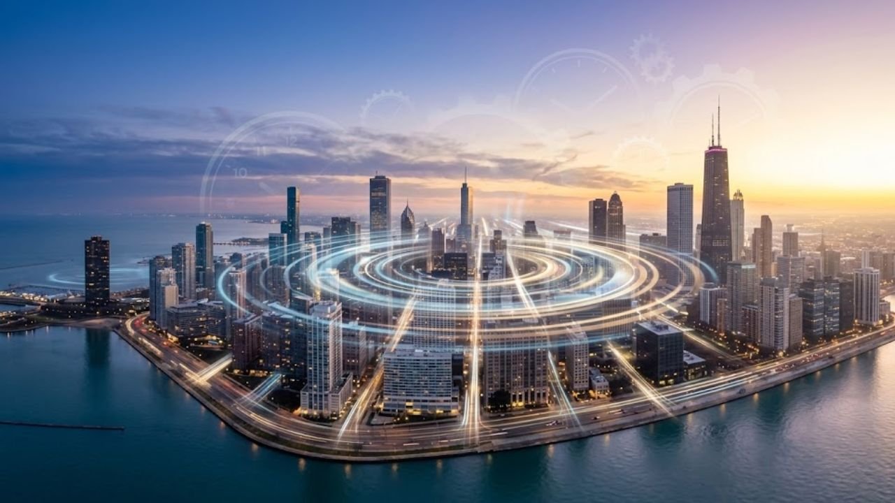 Chicago Skyline with Digital Time Ripples